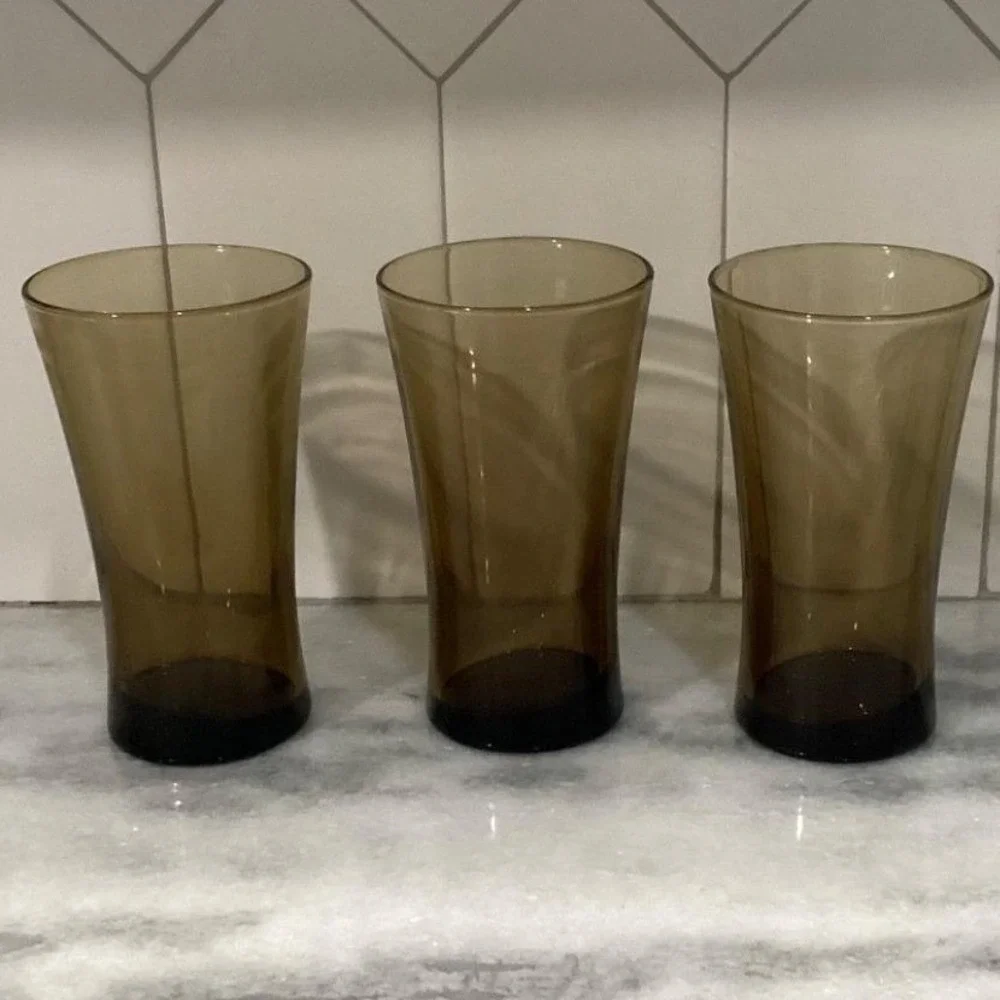Anchor Hocking Linden Mocha Tumblers,‎ Set of 3, Vintage Tawny Brown Glasses